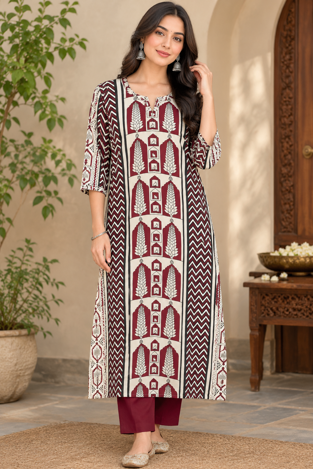 Beautiful Ajrakh Mashru Silk Kurta with Kutch mirror work size - 40-46