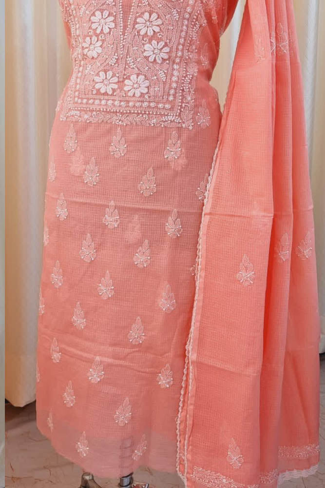 Elegant Kota Doria Kurta & Dupatta Set with Lucknowi Hand Chikankari embroidery