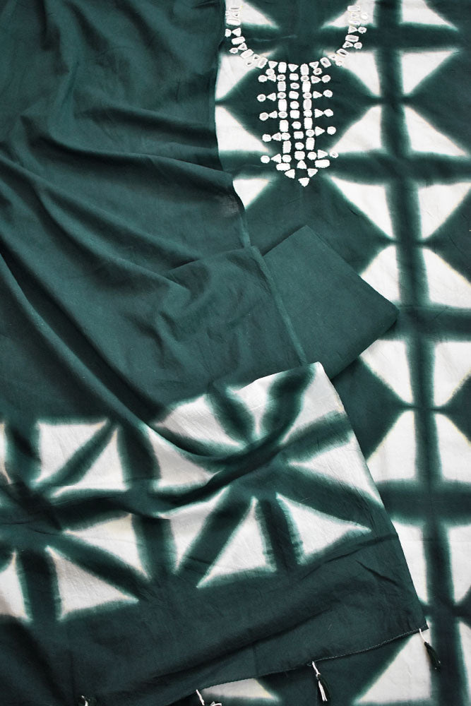Tie & Dye Clamp Dyed cotton Unstitched Suit with Kutch Mirror work