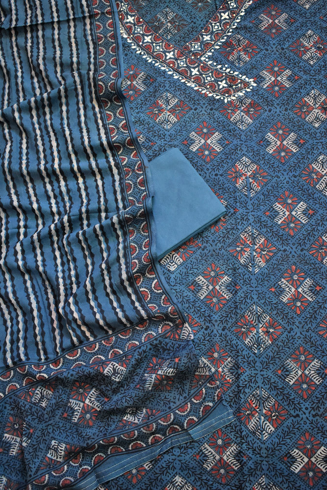 Elegant Hand Block print cotton suit with Neck Patch work & Cotton dupatta