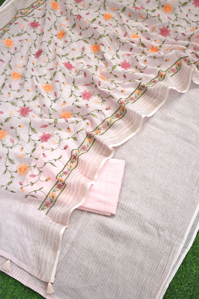 Beautiful Pure Linen suit with intricate embroidery on the kurta & dupatta and cotton silk bottom