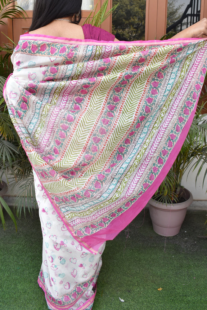 Eternal Embrace : Beautiful Hand Block Printed Chanderi Silk Cotton Saree