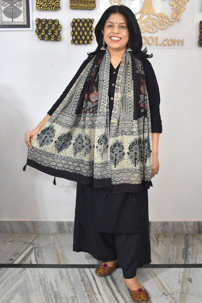 Beautiful Hand Block Printed vanaspati Ajrakh Modal Silk stole with Tassels