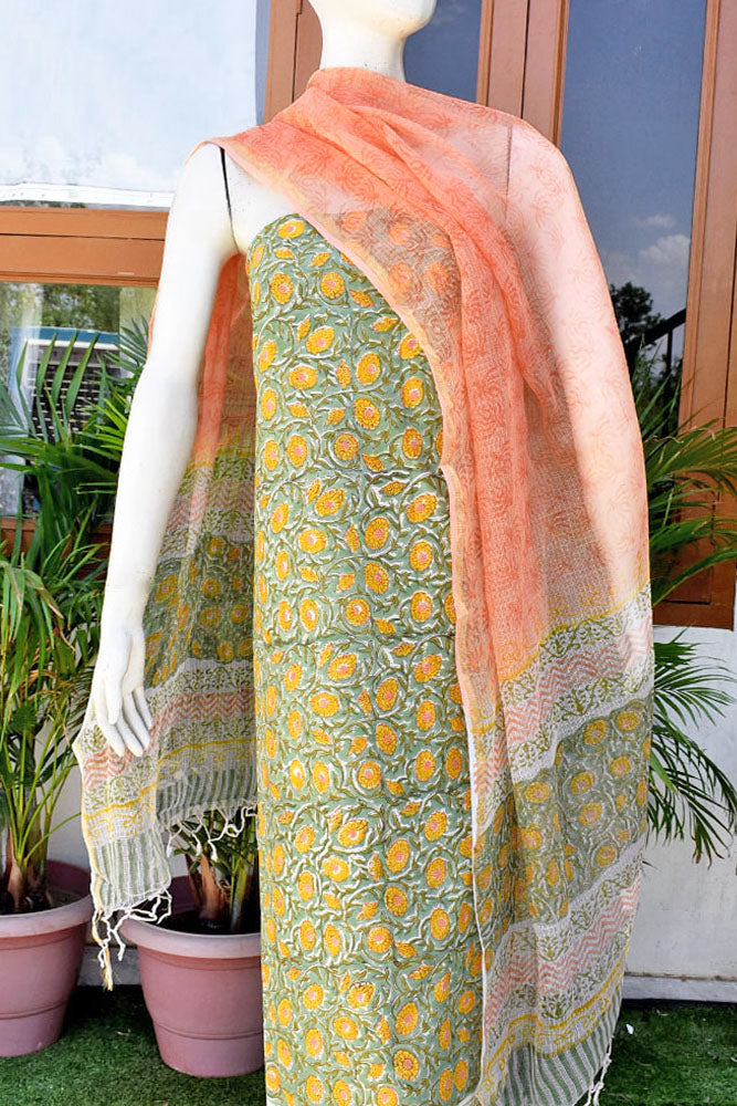 Beautiful Hand Block Printed Cotton unstitched suit fabric with Kota Doria Dupatta