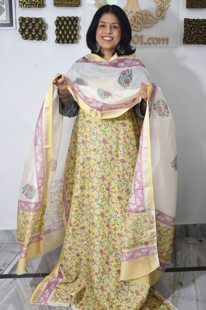 Elegant Sanganer Hand Block Printed Maheshwari Unstitched suit fabric
