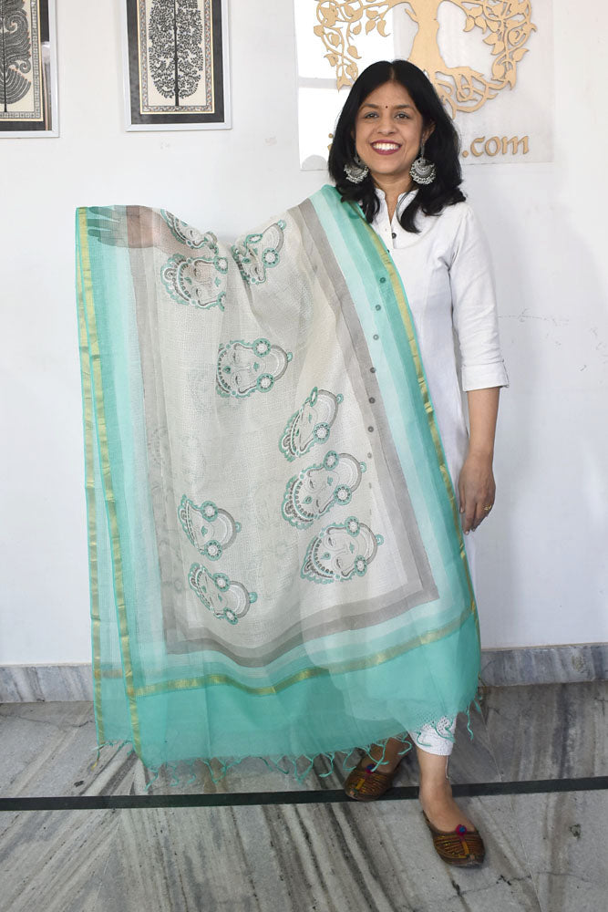 Hand Block Printed & Brush painted Kota Doria Cotton Dupatta