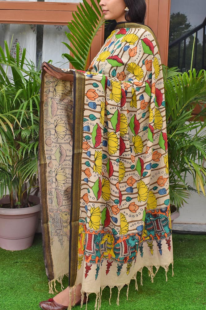 Beautiful Mangalgiri Cotton Pen Kalamkari Dupatta