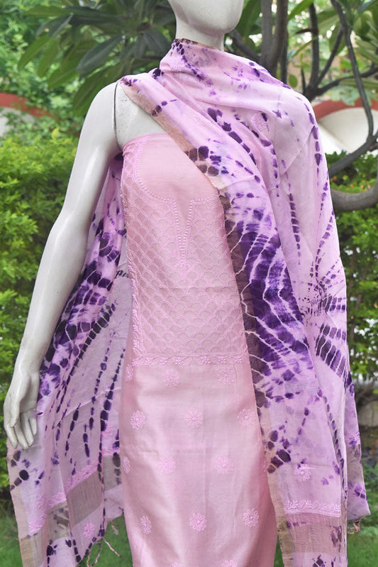Elegant Chanderi  Kurta & Tie & Dye Dupatta Set with Hand Chikankari Embroidery