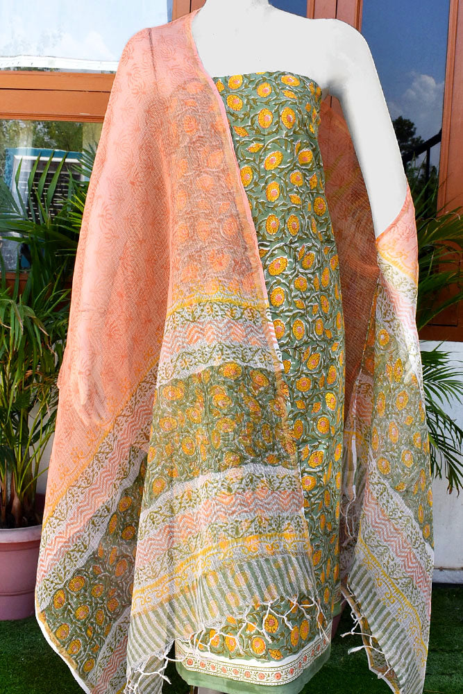 Beautiful Hand Block Printed Cotton unstitched suit fabric with Kota Doria Dupatta