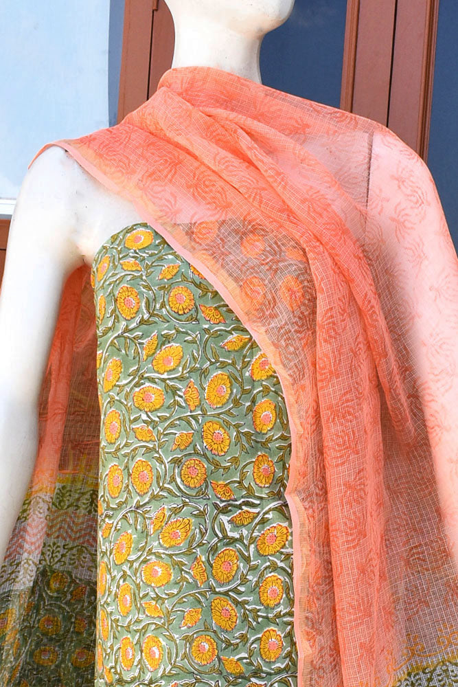 Beautiful Hand Block Printed Cotton unstitched suit fabric with Kota Doria Dupatta