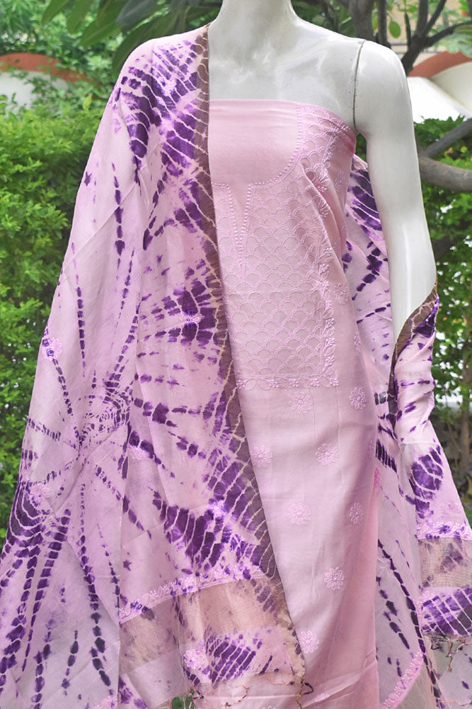 Elegant Chanderi Kurta & Tie & Dye Dupatta Set with Hand Chikankari Embroidery