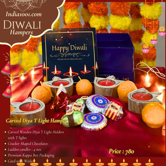 Gift Hamper - Carved Diyas, Cracker Choclates and Laddo Candles Hamper