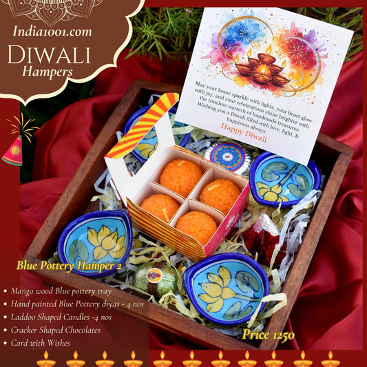 Blue Pottery Hamper - Hand painted Blue Pottery diyas & Laddoo Shaped Candles