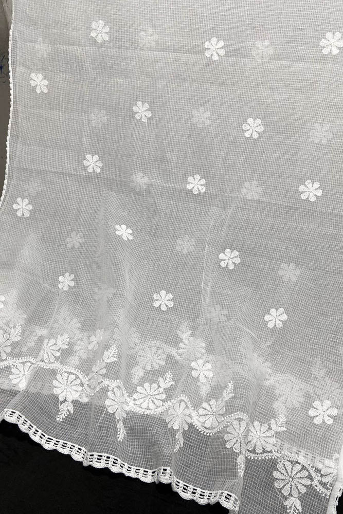Handcrafted Kota Cotton Dupatta with Chikankari embroidery & crochet borders - Dyeable base