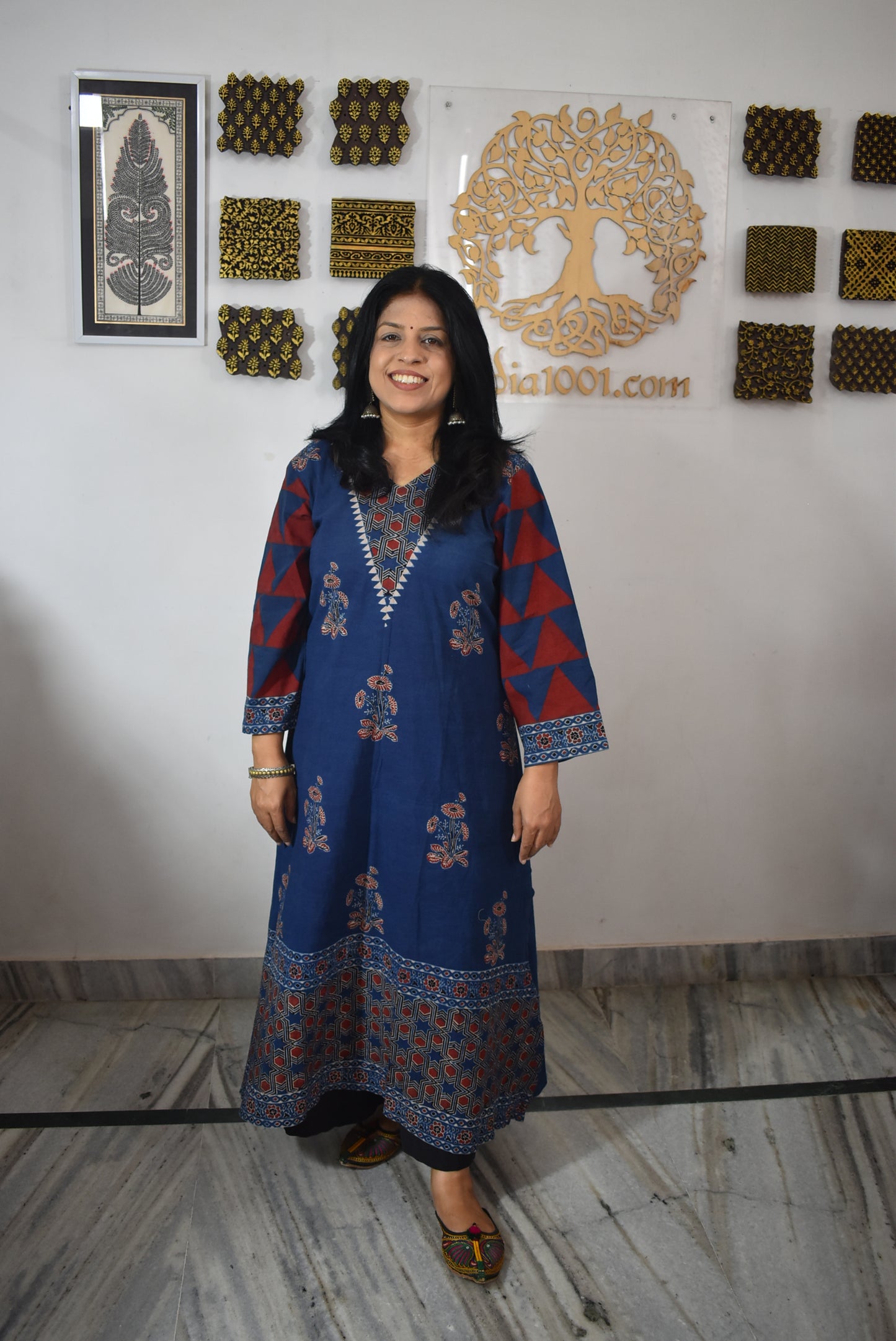 Designer Ajrakh Hand Block Printed cotton Kurta With Mirror Work - Size 38 to 46 ( all sizes)
