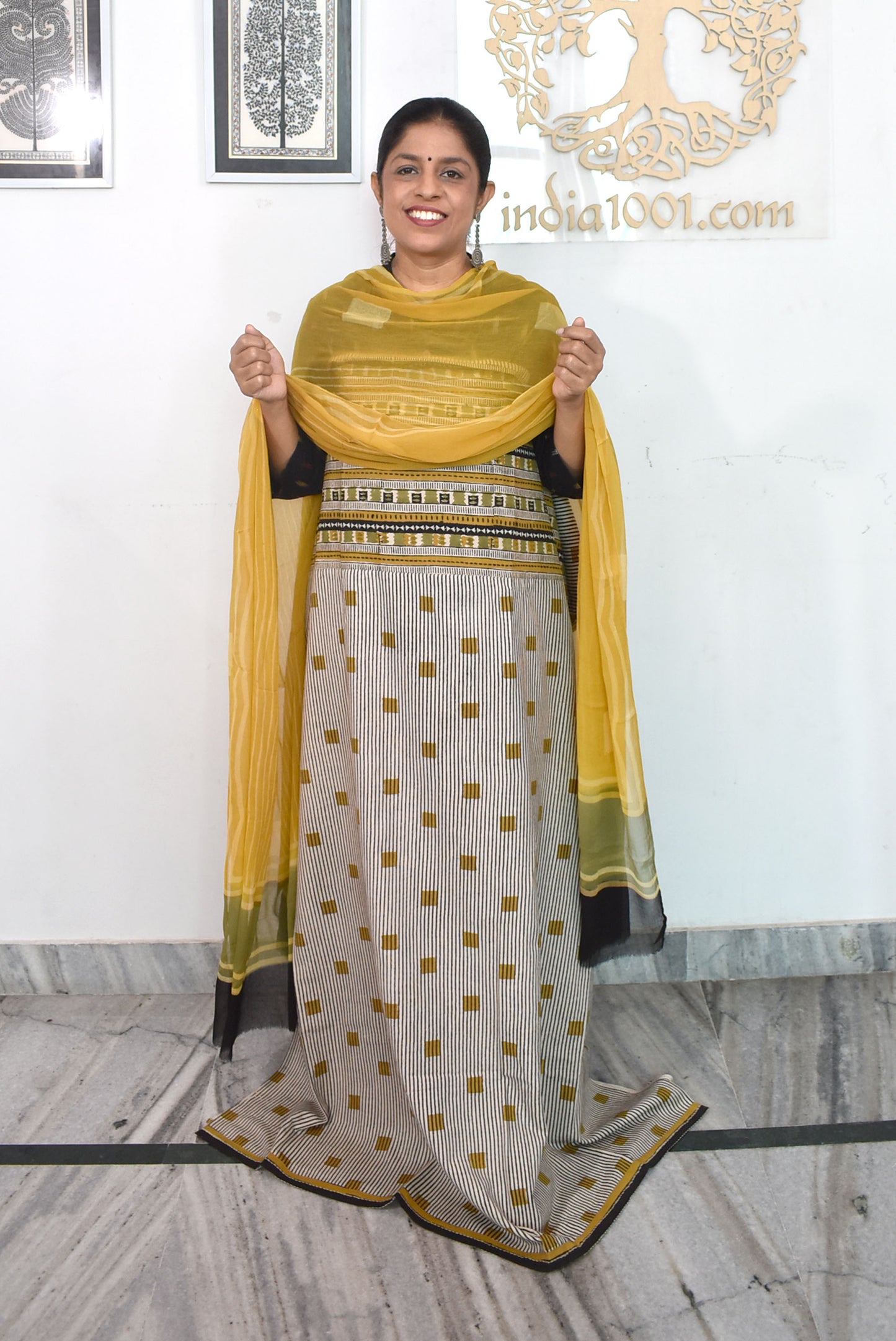 Designer Cotton Unstitched Suit Fabric with Embroidery, Bagru Block print print neck yoke & Chiffon dupatta