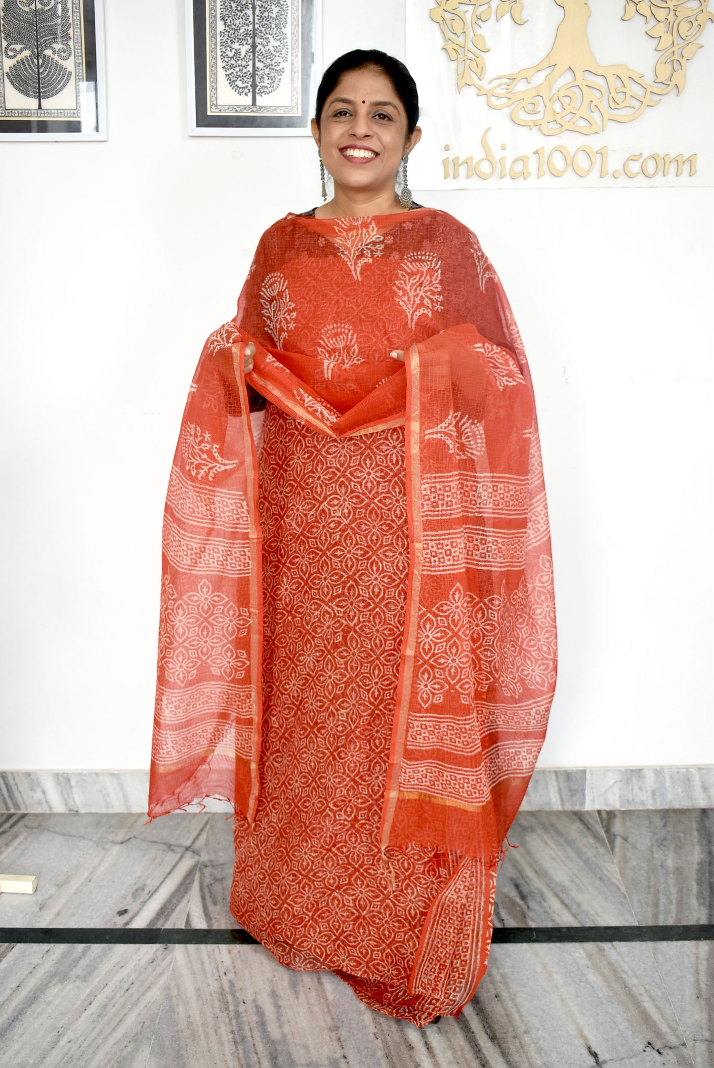 Beautiful Kota Doria cotton suit with Hand Block print