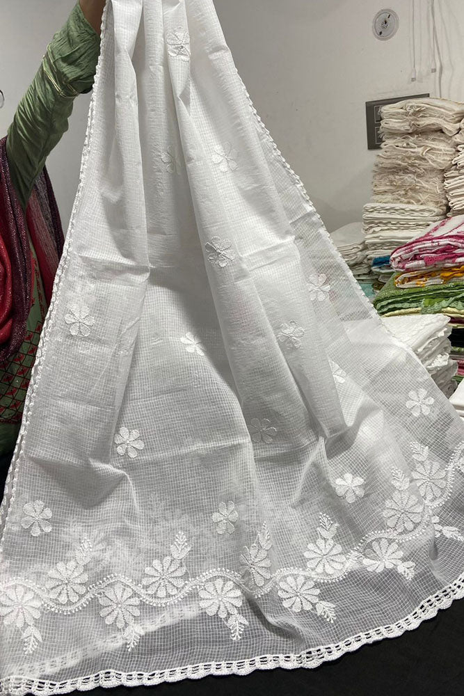 Handcrafted Kota Cotton Dupatta with Chikankari embroidery & crochet borders - Dyeable base