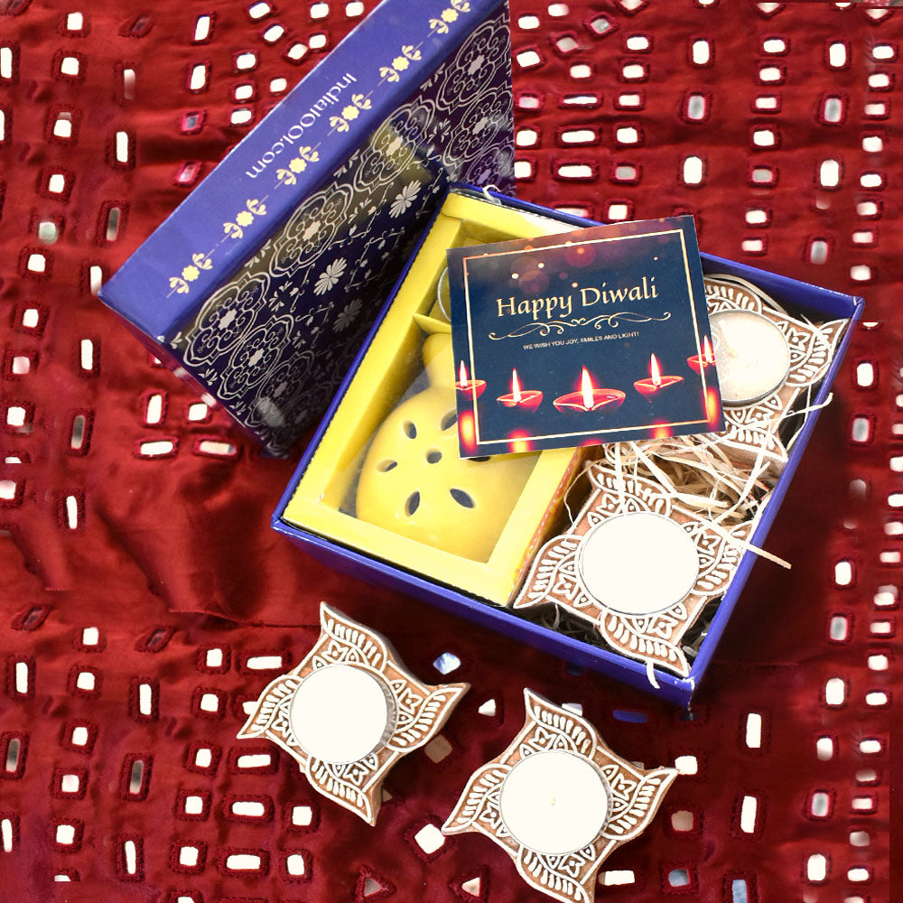 Gift Hamper - Wooden Carved T Light Holders - Diffuser + Set of 4 holders