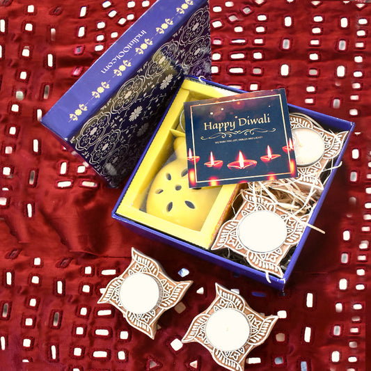 Gift Hamper - Wooden Carved T Light Holders - Diffuser + Set of 4 holders