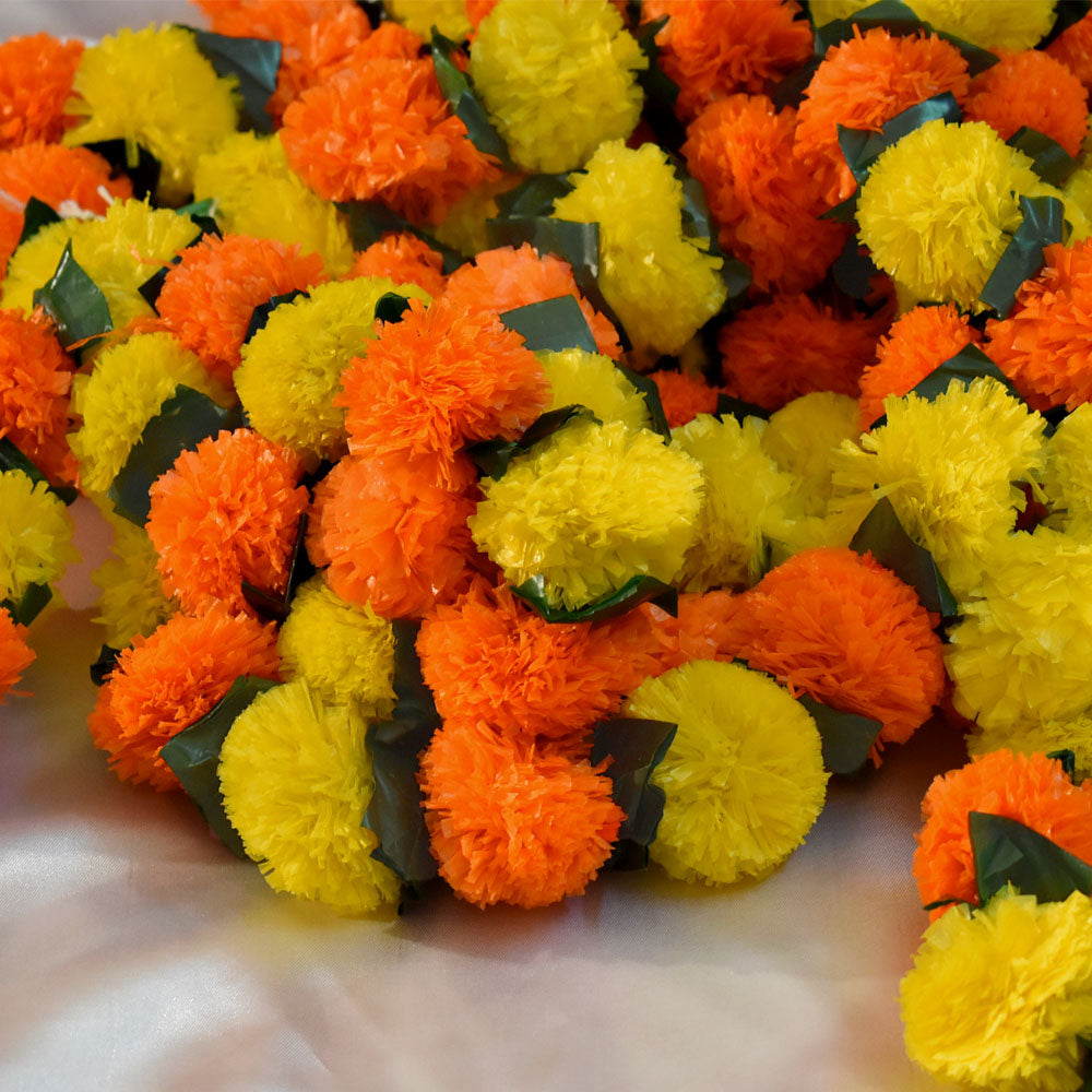 Pack of 5 - Artificial Marigold Flower Garland strings - 4.5 ft + (Orange, Yellow with green leaf )