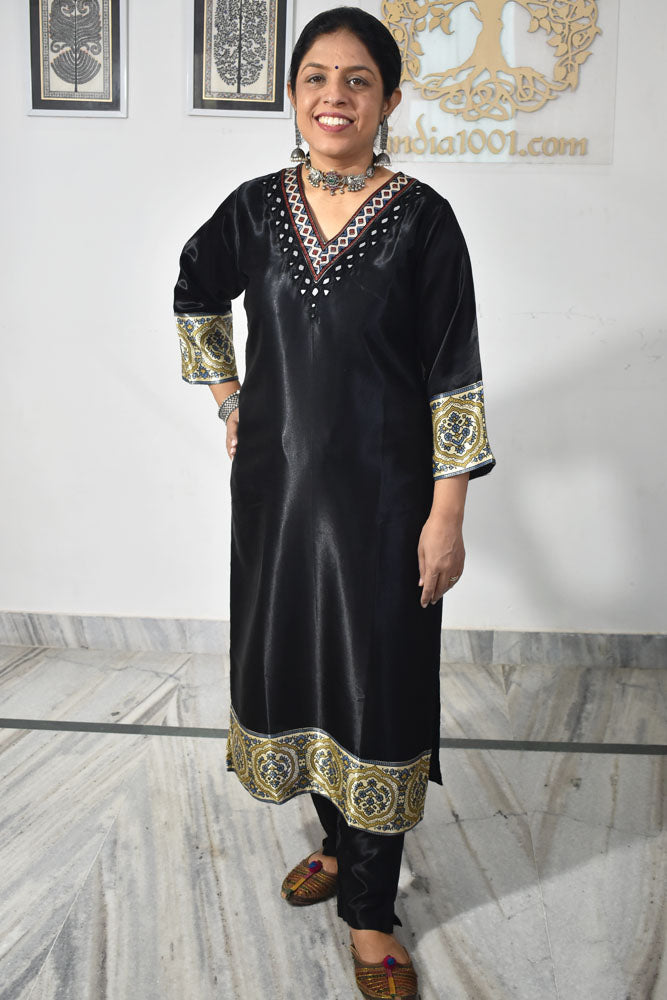 Beautiful Mashru Silk Kurta with Ajrakh patch Kutch & mirror work size with Mashru pant - 38 - 44