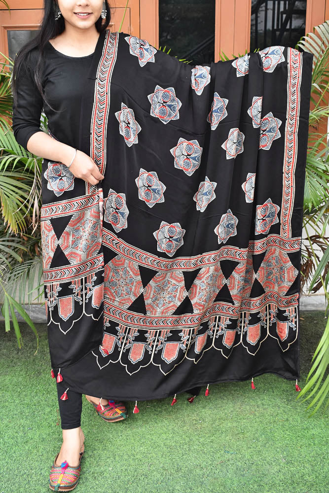 Elegant Modal Silk Ajrakh Block Print Dupatta with tassels