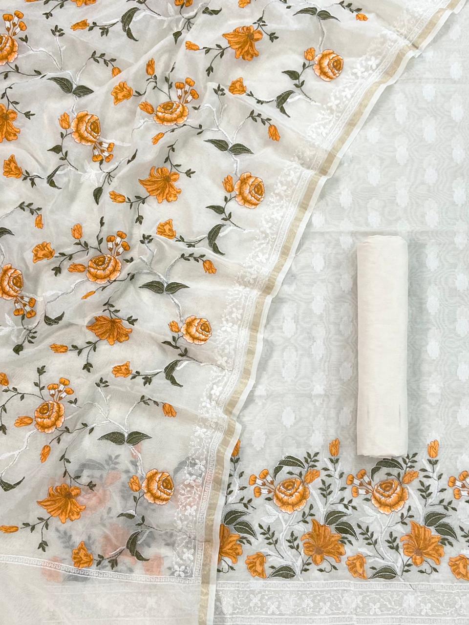 Beautiful embroidered Banarasi Slub Cotton Chanderi suit