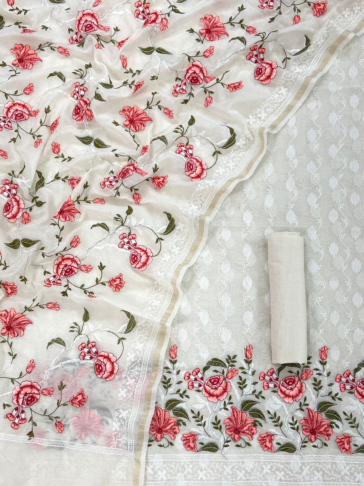 Beautiful embroidered Banarasi Slub Cotton Chanderi suit