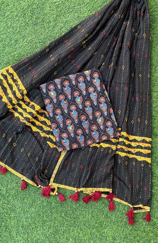 Beautiful Ajrakh kurta fabric with hand embroidery & Patch & Kantha work dupatta