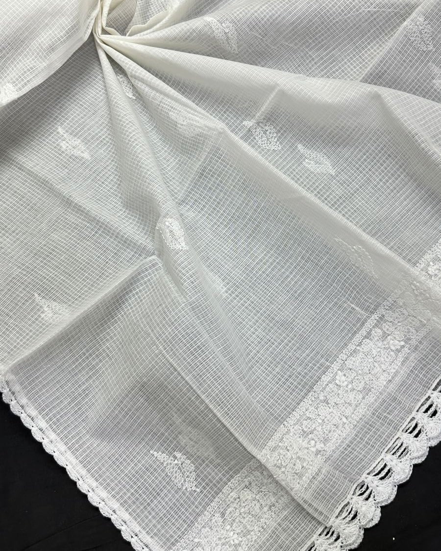 Handcrafted Kota Cotton Dupatta with Chikankari embroidery & crochet borders - dyeable