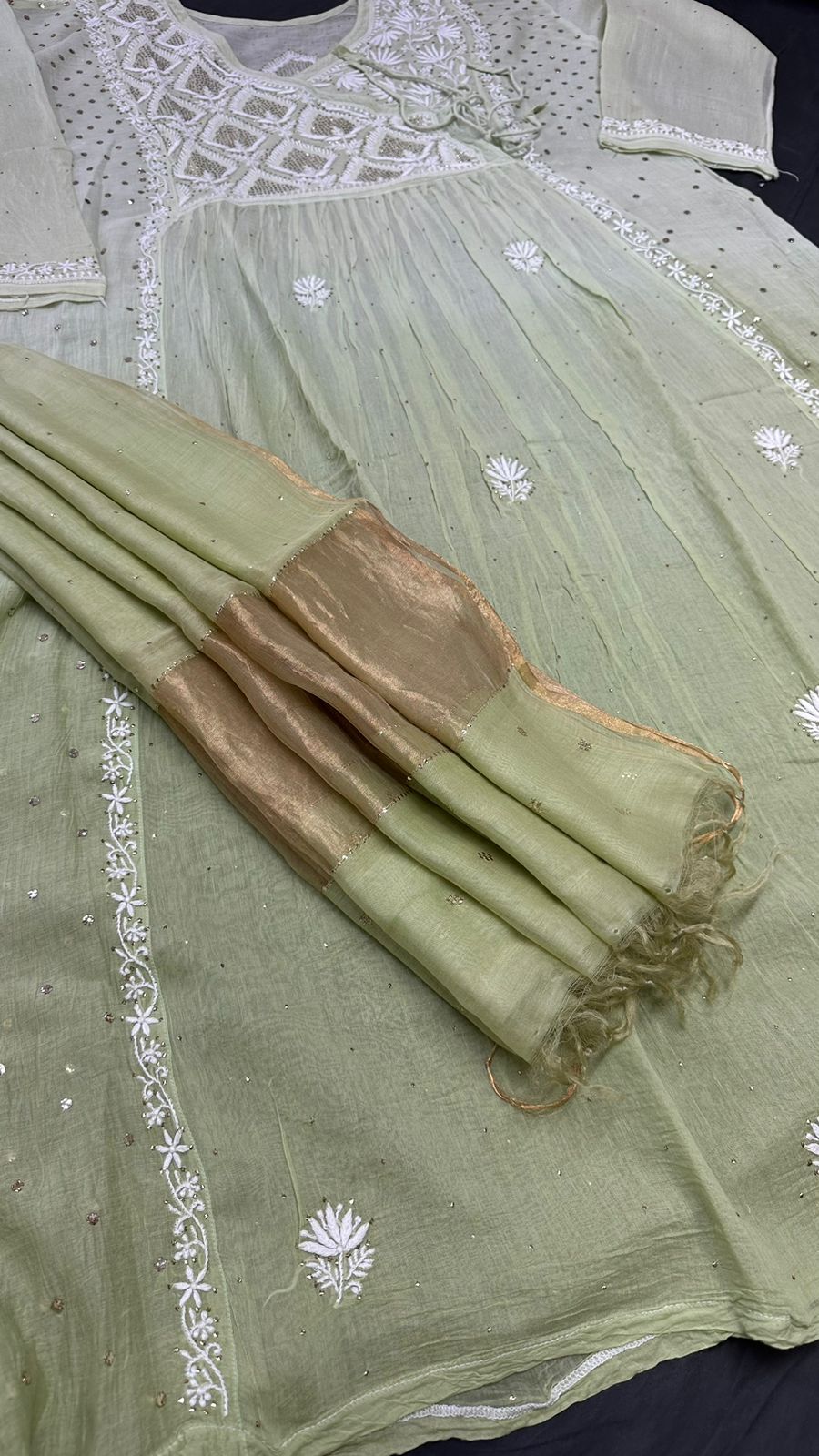 Elegant Mul chanderi silk Semi stitched Angarkha & dupatta set with Chikankari & Muqaish work