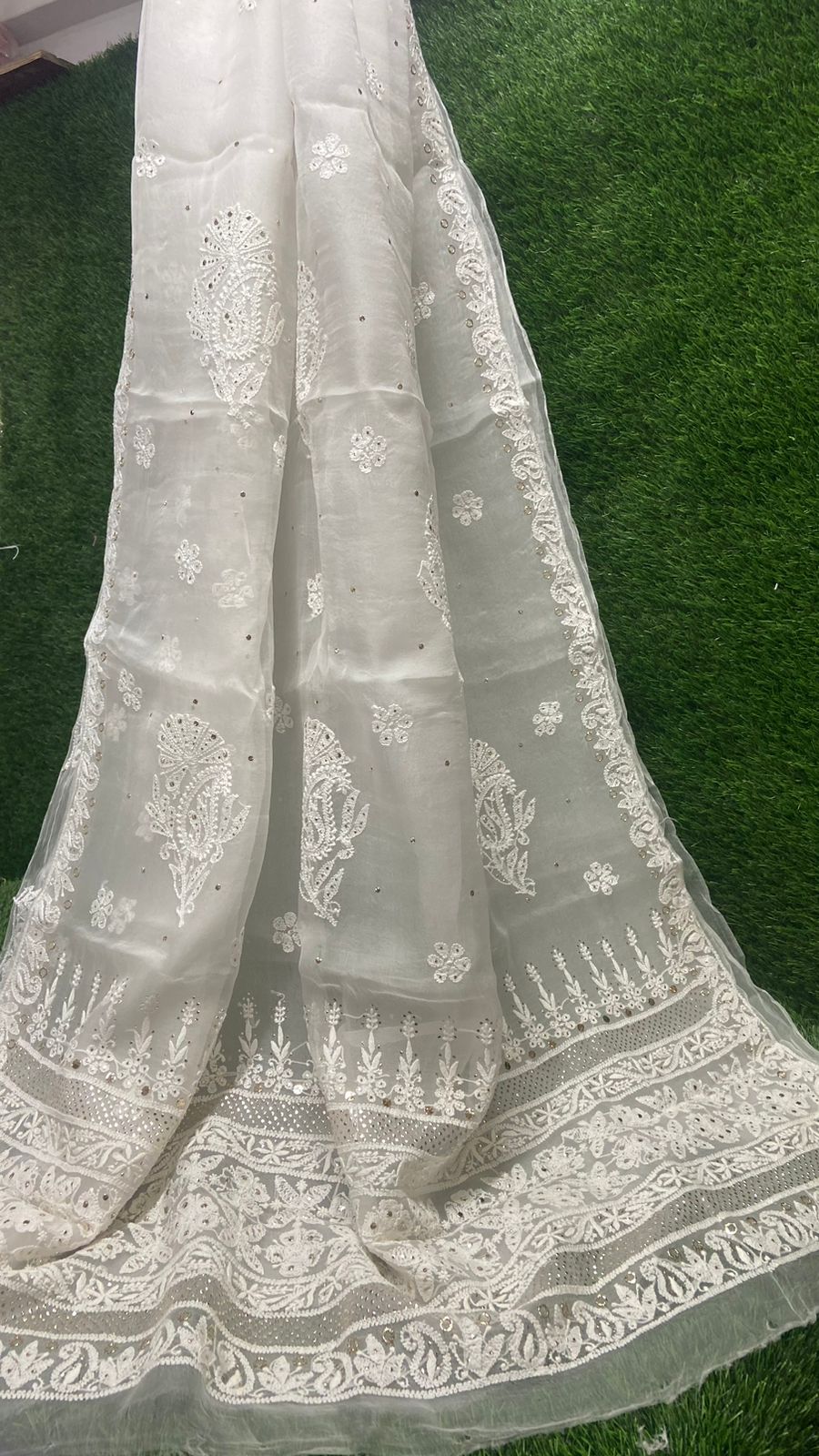Lucknowi Chikan & Muqaish work Soft pure Organza silk Saree with blouse