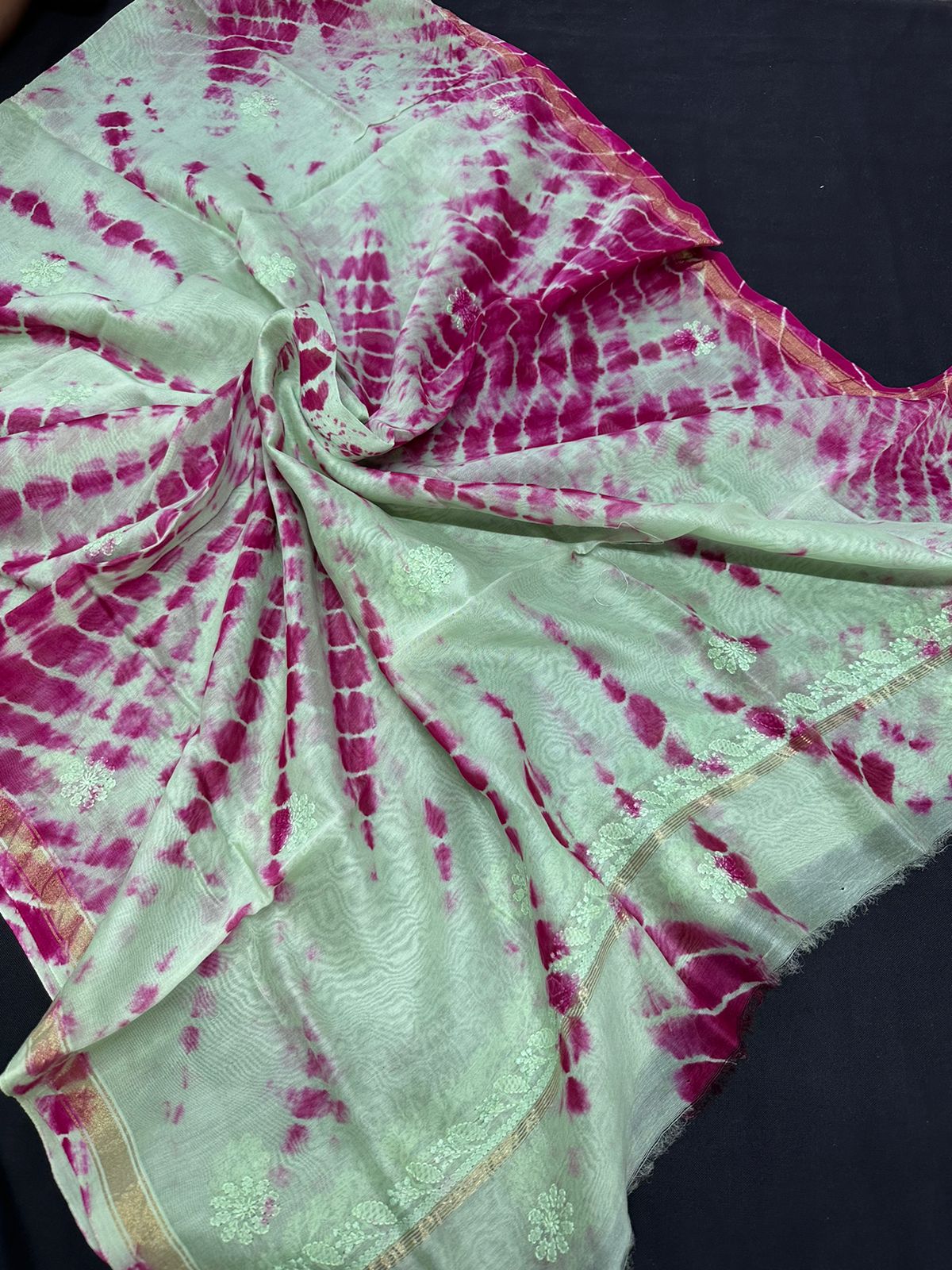 Beautiful Tie & dye Chanderi Dupatta with Hand Lucknowi Chikankari Embroidery