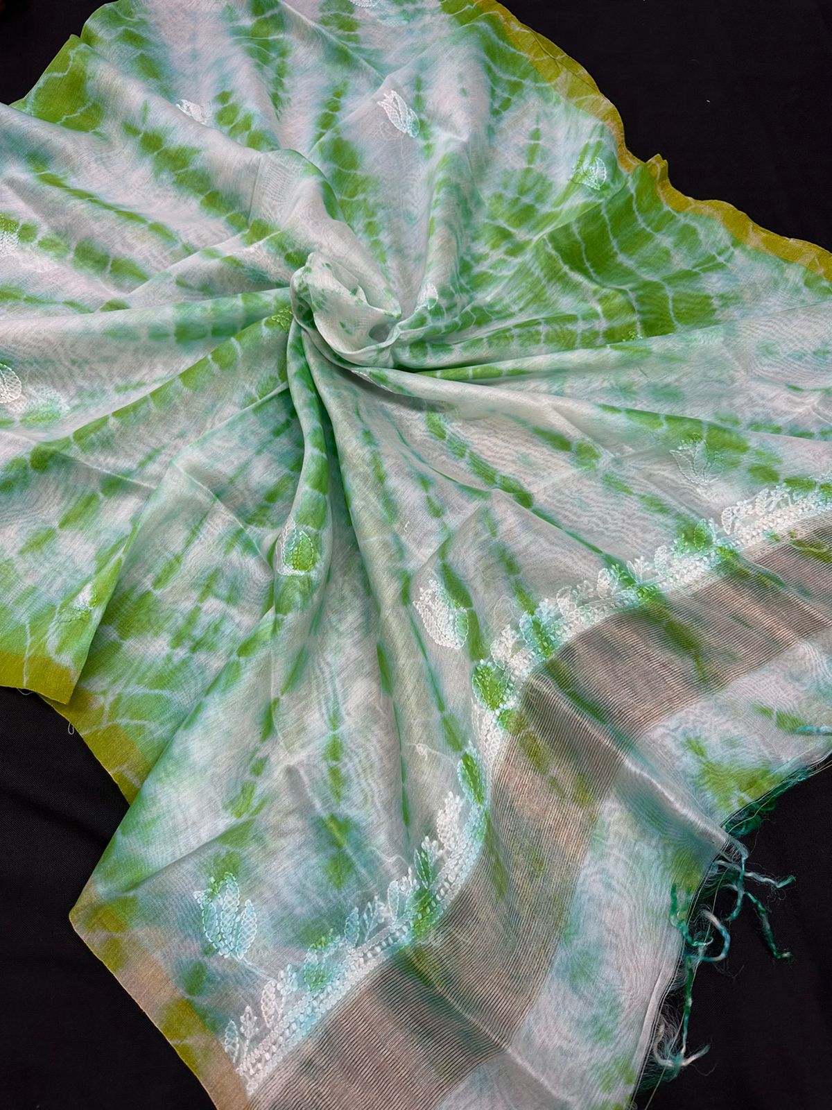 Beautiful Tie & dye Chanderi Dupatta with Hand Lucknowi Chikankari Embroidery