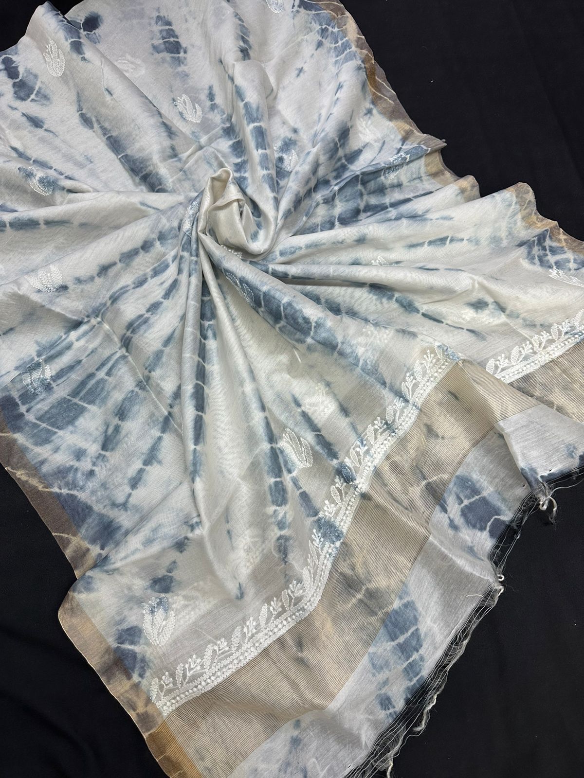 Beautiful Tie & dye Chanderi Dupatta with Hand Lucknowi Chikankari Embroidery
