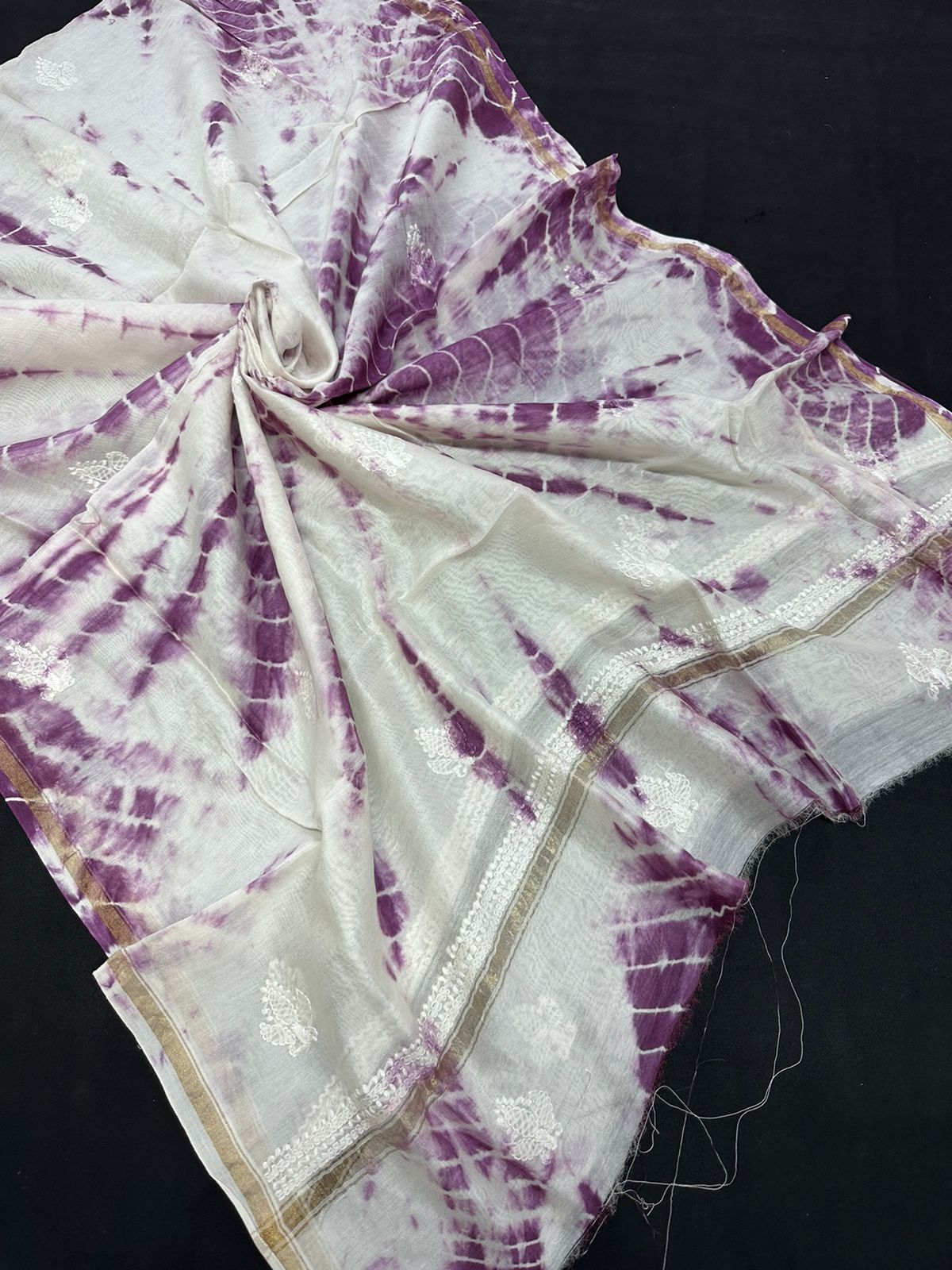 Beautiful Tie & dye Chanderi Dupatta with Hand Lucknowi Chikankari Embroidery