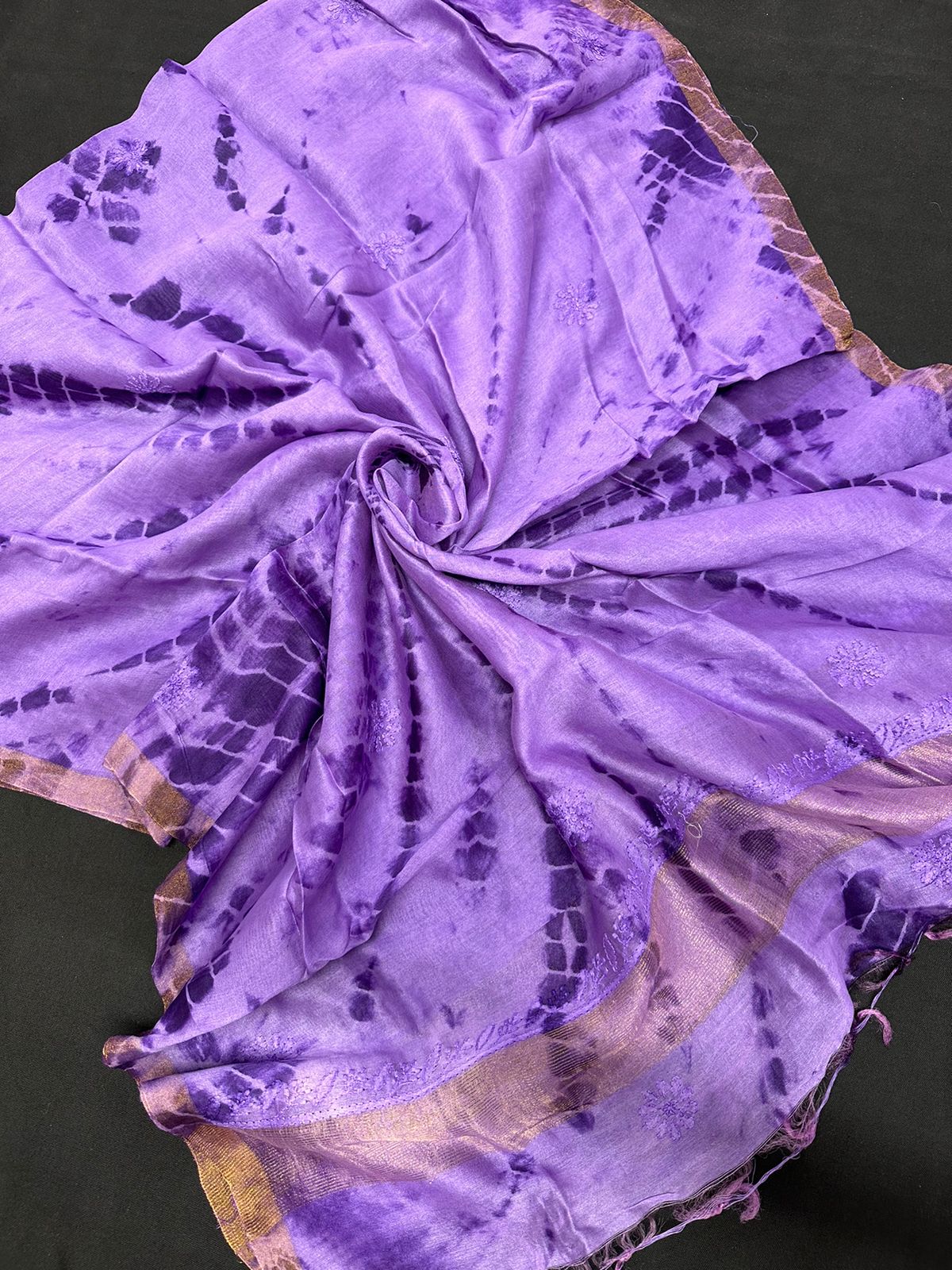 Beautiful Tie & dye Chanderi Dupatta with Hand Lucknowi Chikankari Embroidery