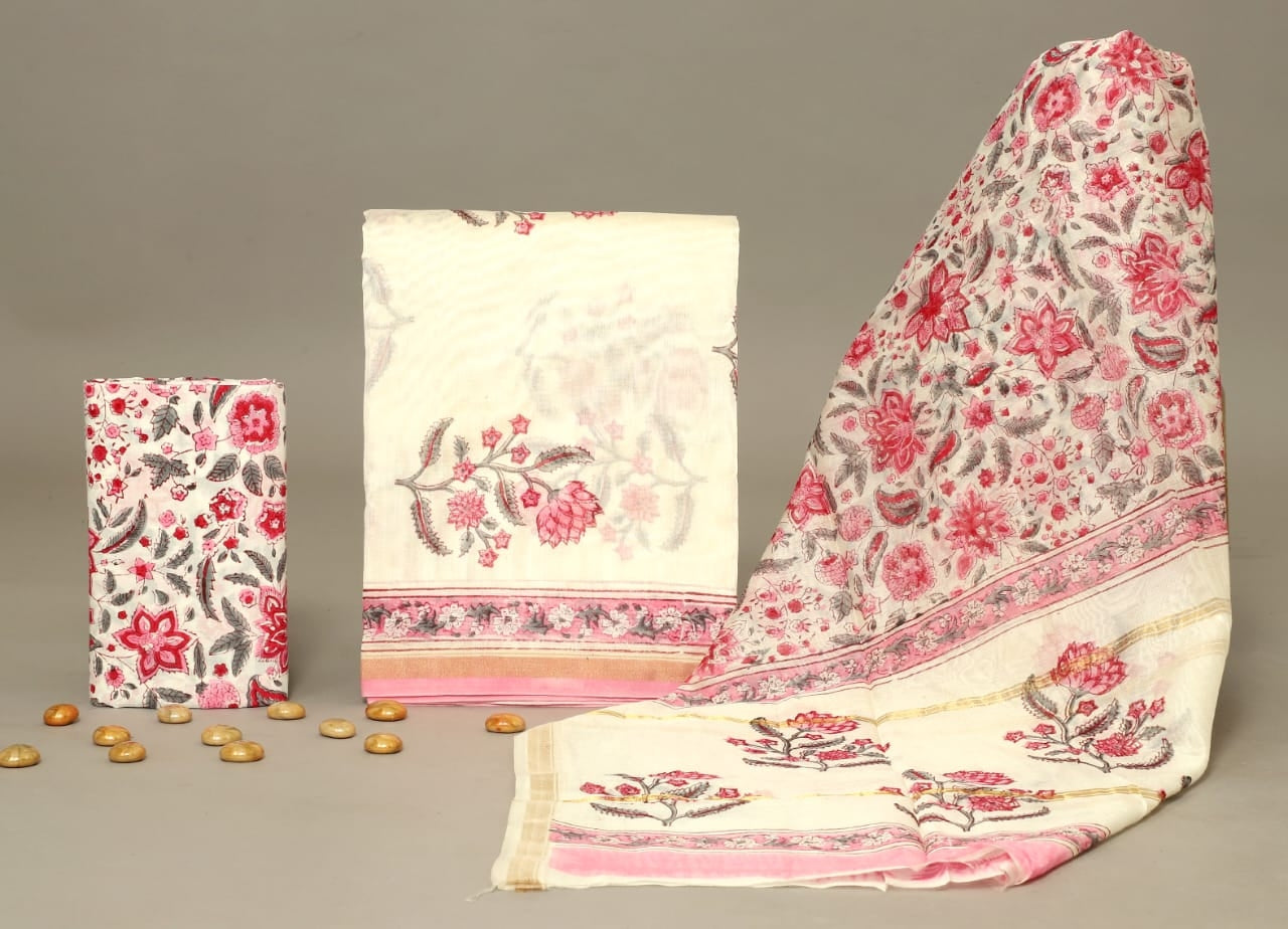 Beautiful Hand Block Printed Chanderi unstitched suit fabric