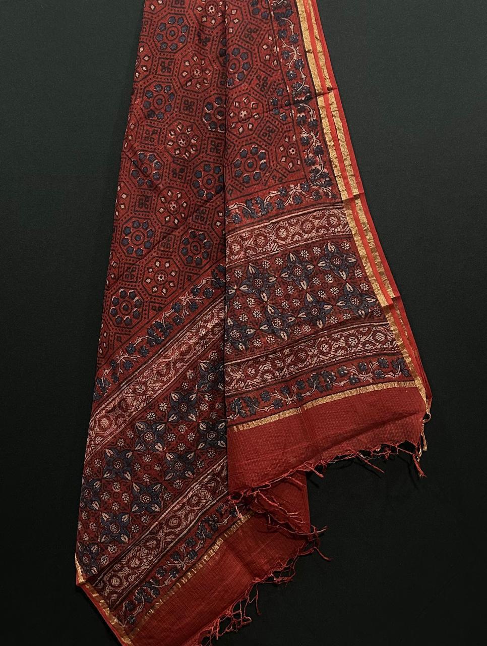 Hand Block Printed Kota Doria Cotton Dupatta with zari border