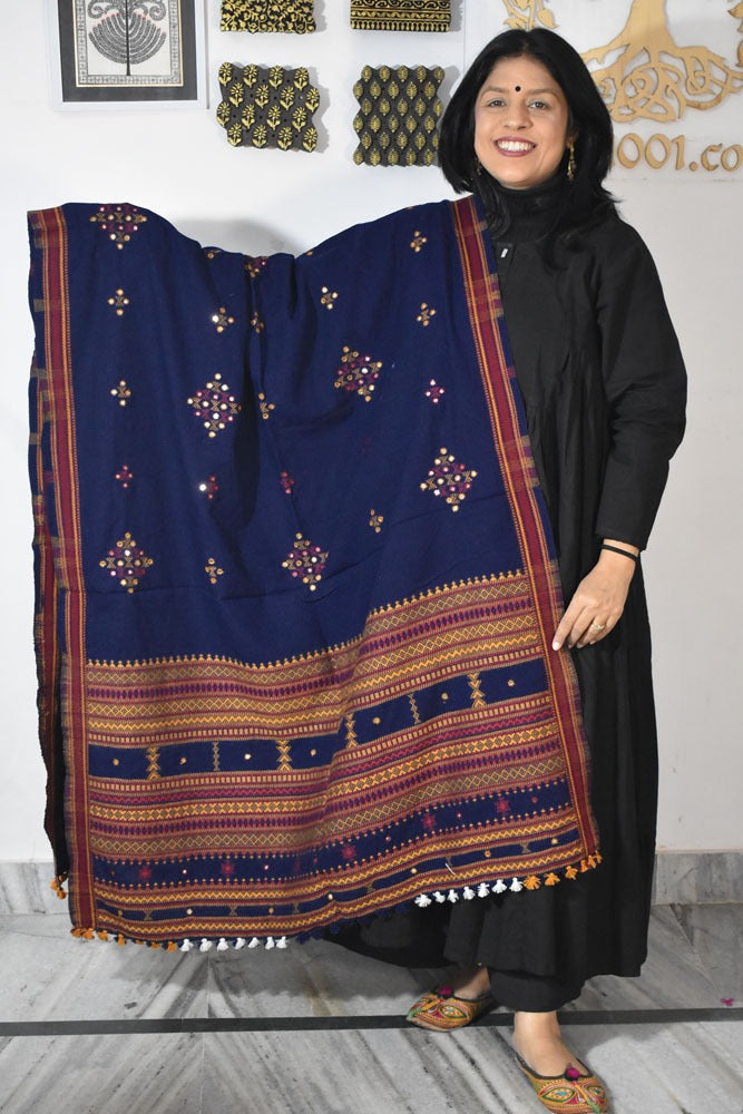 Handwoven Bhujodi Mirror Work Wool Stole / Shawl