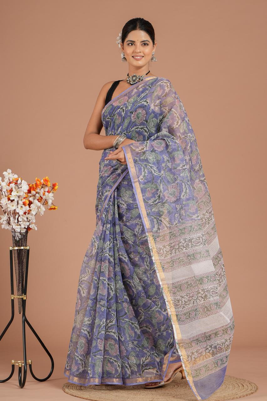 Beautiful Hand Block Printed Kota cotton Saree with zari border
