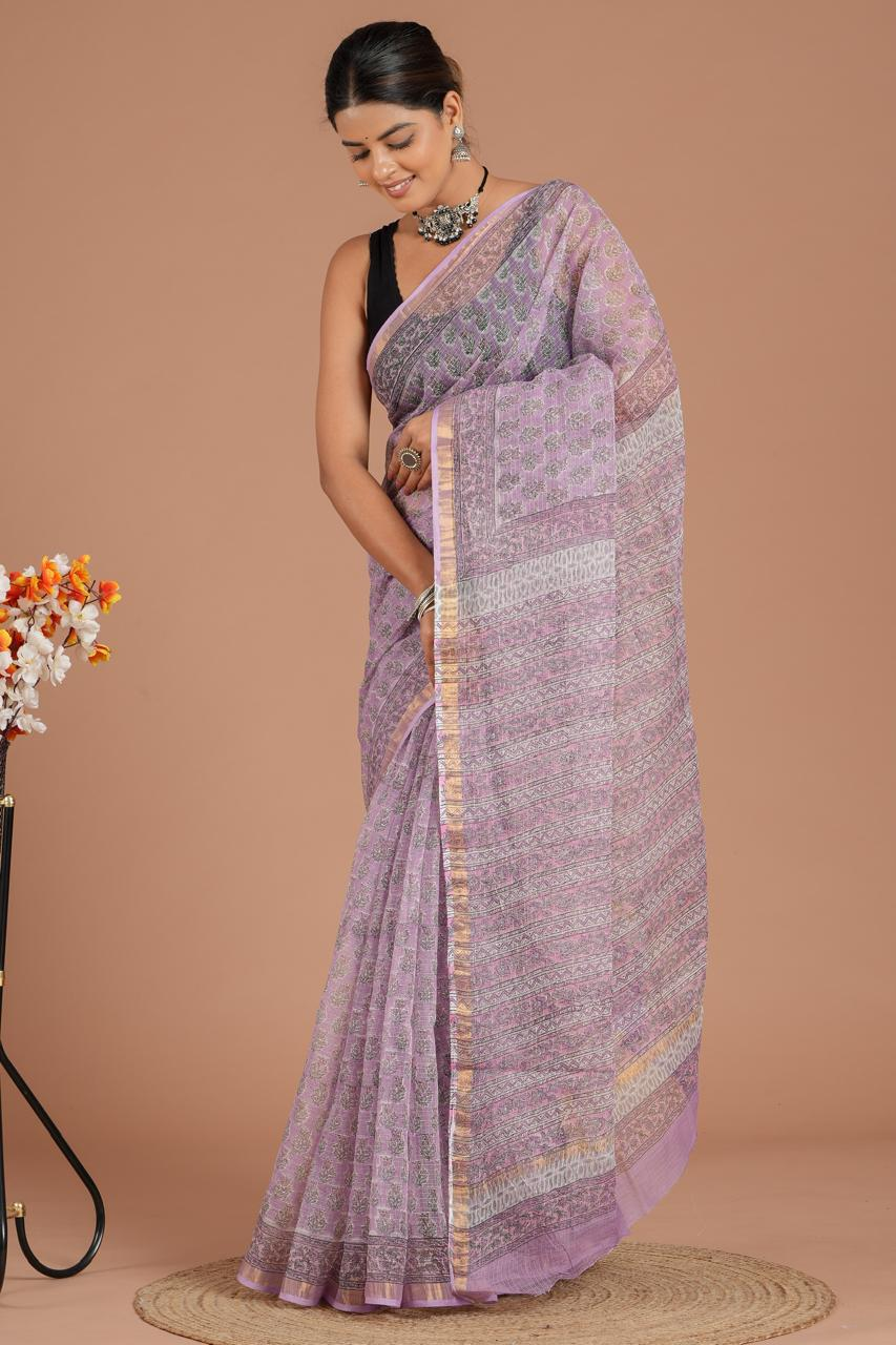 Beautiful Hand Block Printed Kota cotton Saree with zari border