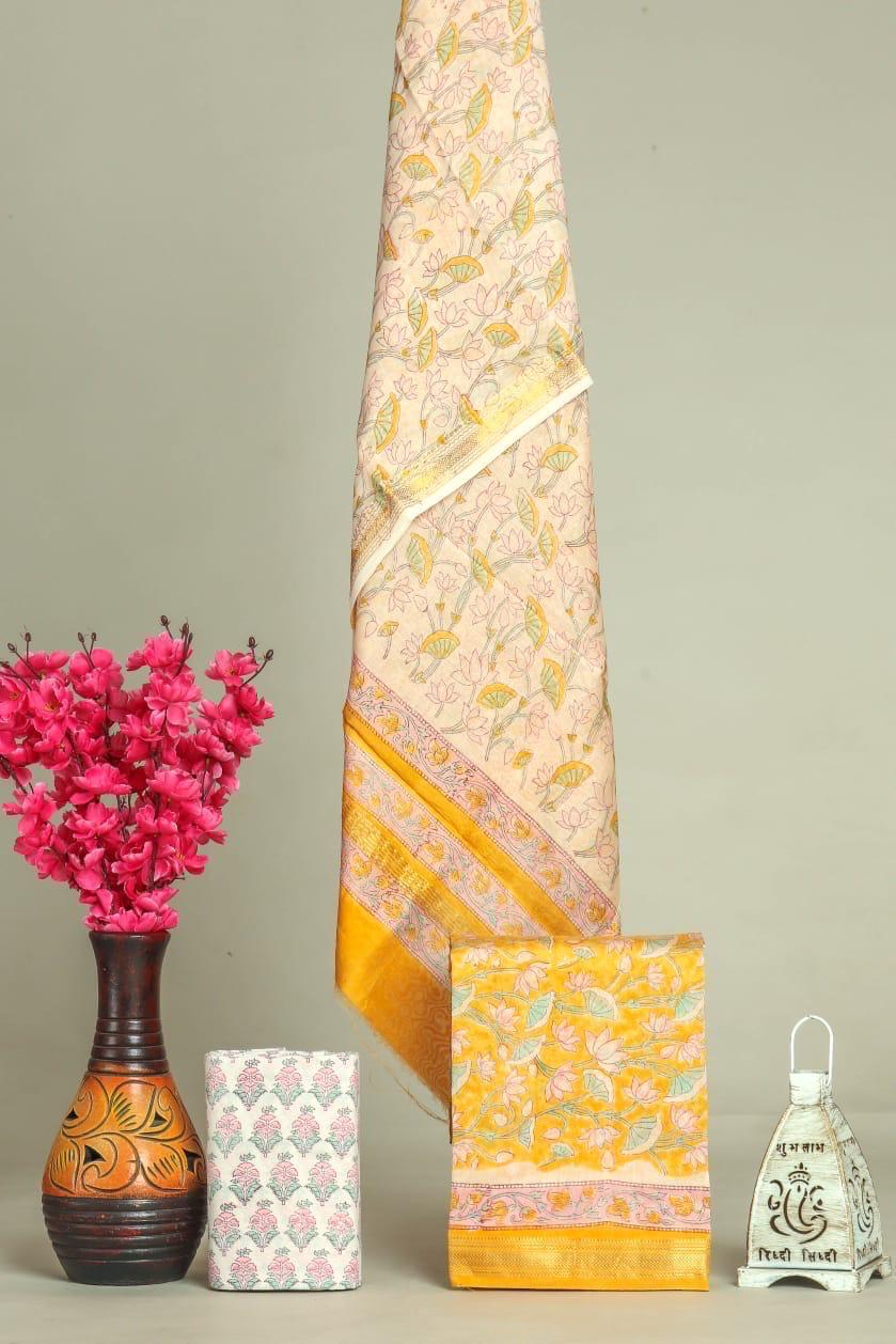 Elegant Sanganer Hand Block Printed Maheshwari Unstitched suit fabric