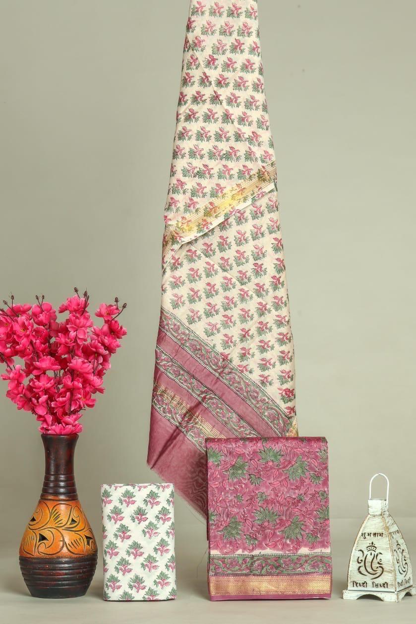 Elegant Sanganer Hand Block Printed Maheshwari Unstitched suit fabric