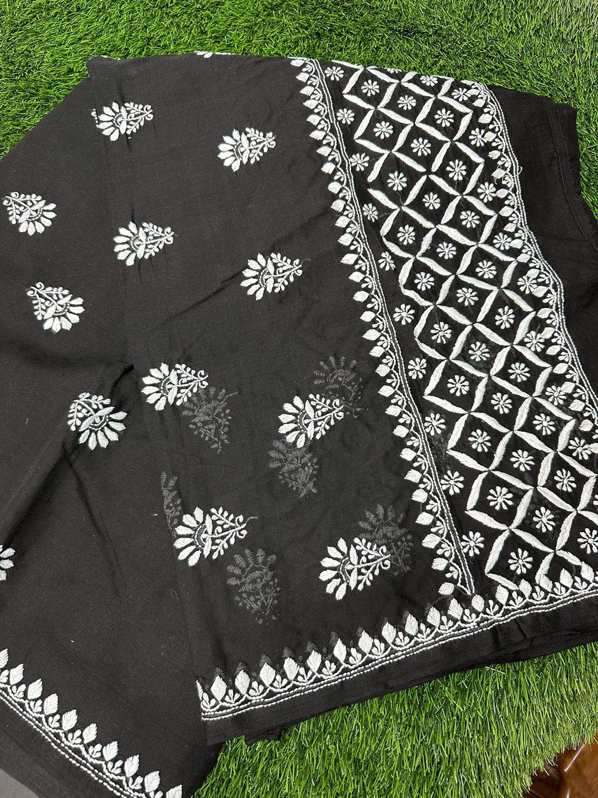 Elegant Black and White Cotton Saree with Hand Chikankari work with Bootis & Heavy Palla