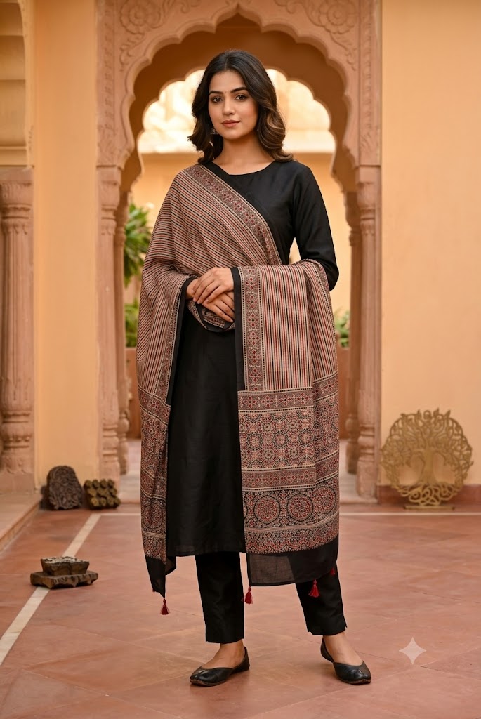 Beautiful Hand Block Printed Ajrakh Modal Silk stole with Tassels