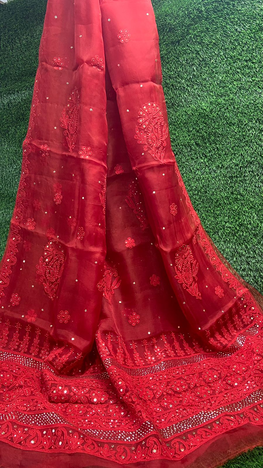 Lucknowi Chikan & Muqaish work Soft pure Organza silk Saree with blouse