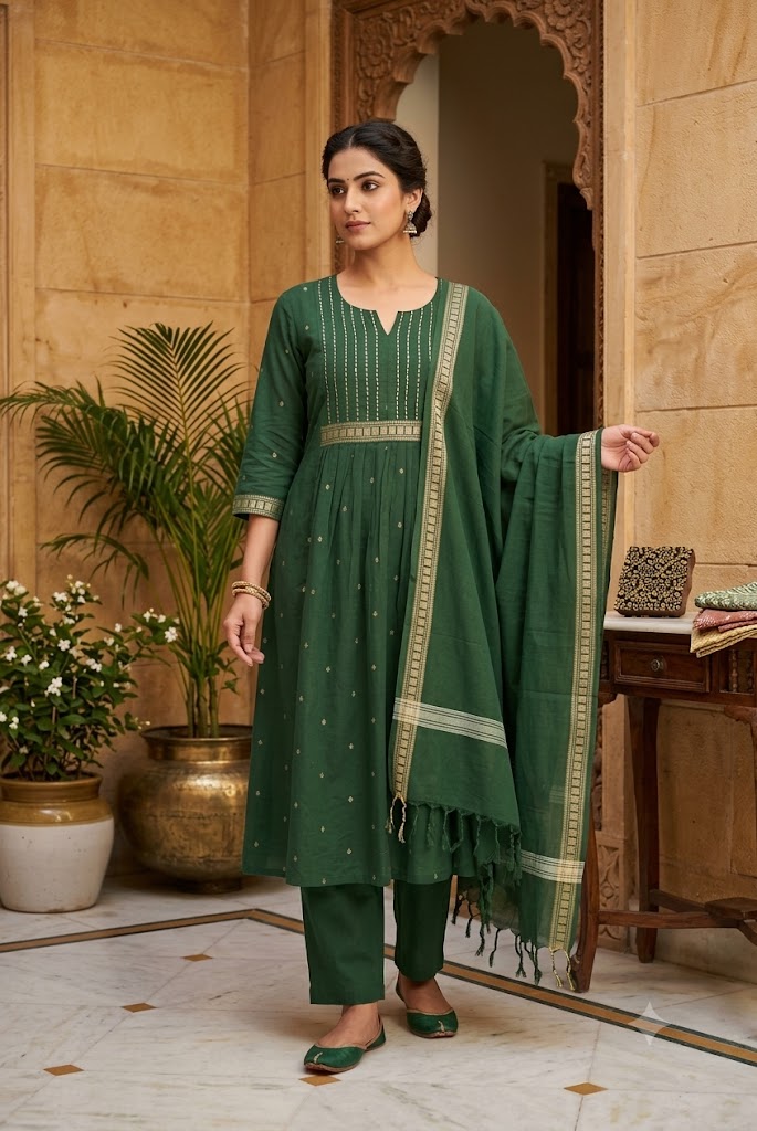 Designer Hand Block Printed Cotton 3 pc Suit - 40 to 46 size