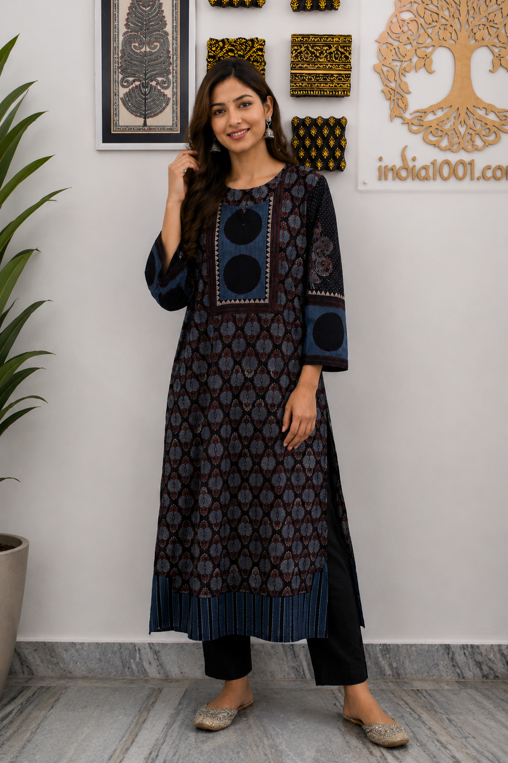 Designer Ajrakh Hand Block Printed cotton Kurta With Mirror Work - Size 38 to 46 ( all sizes)